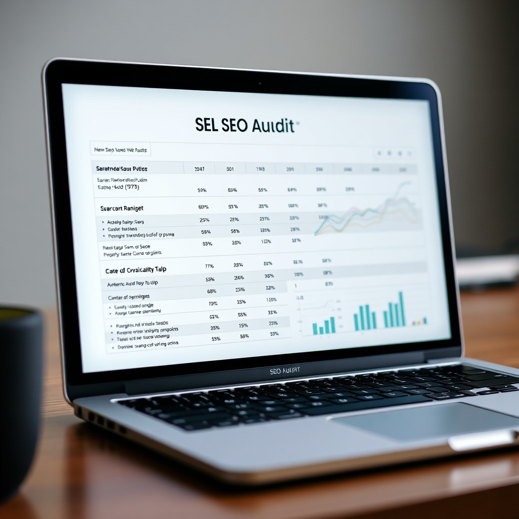 A detailed SEO audit report being displayed on a laptop screen. The report showcases key metrics and areas of optimization for improved search engine rankings. Focus on a clean, professional design with clear data visualization. 4K resolution.