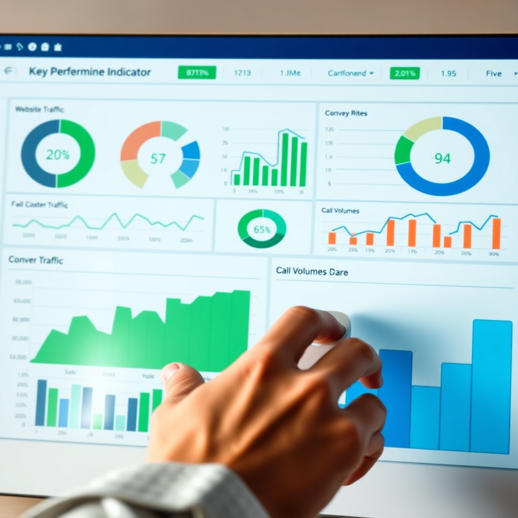 A high-resolution image of a dashboard displaying key performance indicators (KPIs) related to SEO lead generation. The dashboard shows charts and graphs illustrating website traffic, conversion rates, and call volumes. The color palette is professional and clean, with greens indicating positive growth and blues indicating stability. The lighting is soft and focused, highlighting the clarity of the data. Subtle details like a hand hovering over a mouse and analytical icons add to the sense of data-driven decision-making.