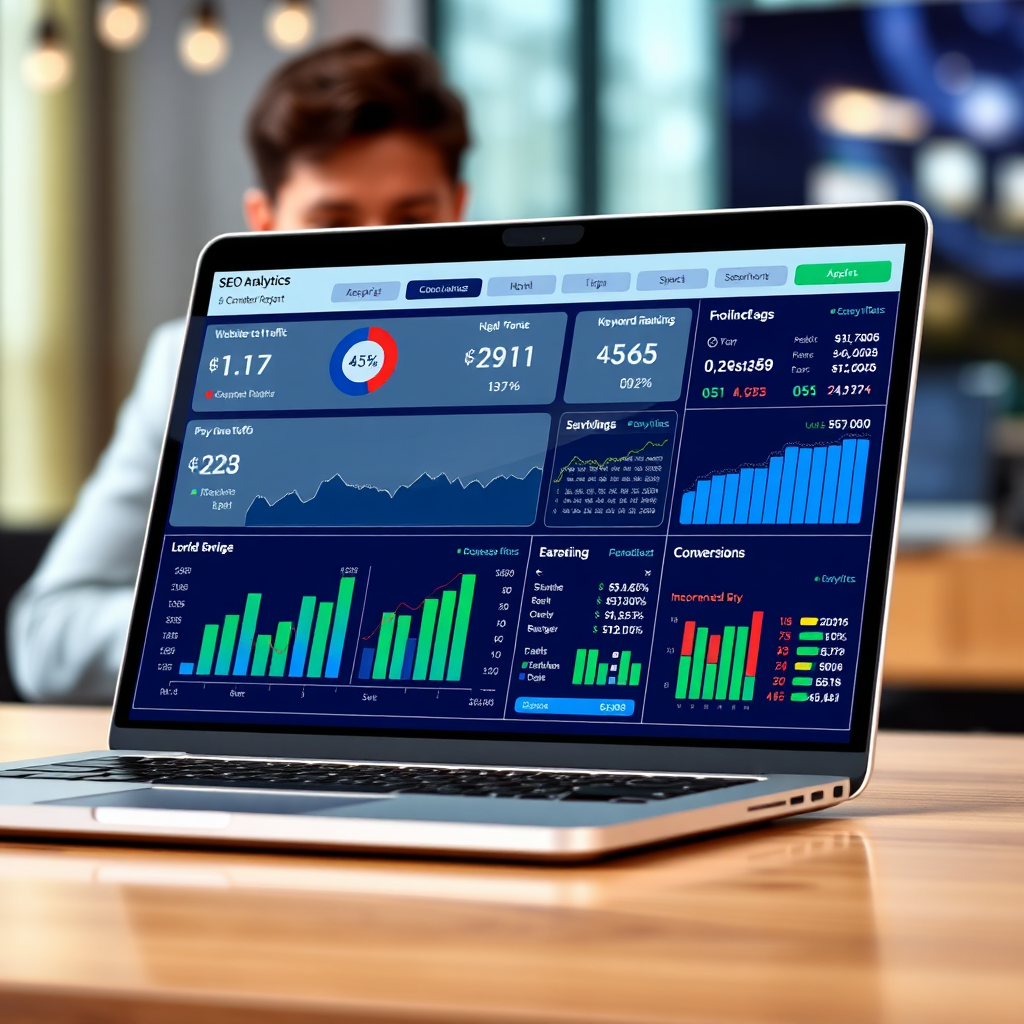 A high-resolution image showing a laptop displaying a comprehensive SEO analytics report. The report includes charts, graphs, and key performance indicators (KPIs) related to website traffic, keyword rankings, and conversion rates. The background shows a blurred image of a business professional analyzing the report. The color palette is professional and informative, with blues and greens indicating growth and stability. Subtle details like data annotations and call-to-action buttons add to the realism of the scene.