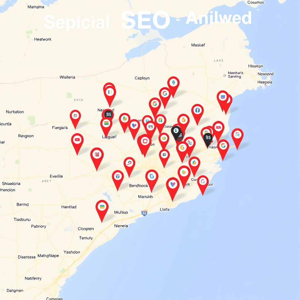 A map interface highlighting a specific geographic area with multiple pins representing local businesses. The pins are interconnected, visualizing a network of local SEO efforts. Use a 4K resolution and a clear, informative style.