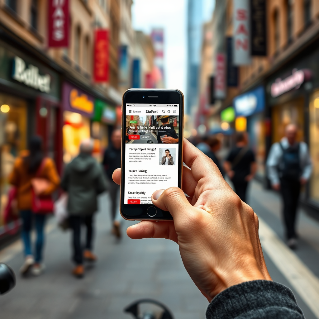A person browsing a website on a smartphone while walking through a bustling city street. The website displays a mobile-friendly design with clear calls to action and easy navigation. The background shows blurred images of shops, pedestrians, and traffic, creating a sense of movement and activity. The color palette is bright and inviting, with a focus on user-friendly design and seamless mobile experience. Subtle details like responsive design icons and touch-friendly interface add to the realism of the scene.