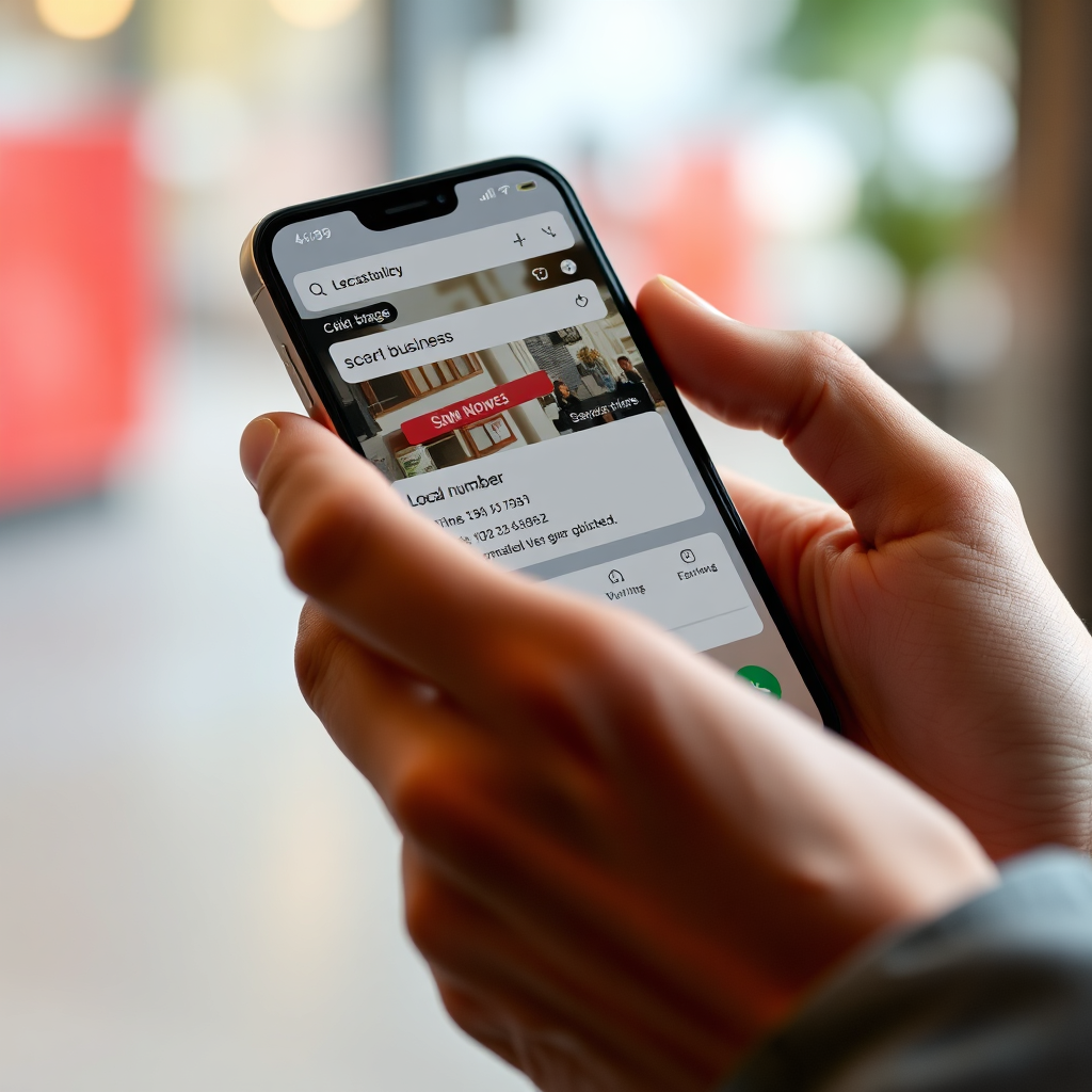 A person using a smartphone to search for a local business. The search results prominently display a phone number with a click-to-call option. Focus on the convenience and accessibility of mobile search. Use a 4K resolution and a realistic, everyday setting.