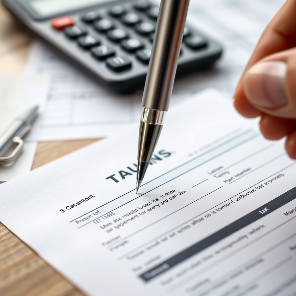 A photorealistic close-up image of a tax form being filled out with a pen, with a calculator and financial documents subtly in the background. The lighting is soft and focused, conveying accuracy and trustworthiness. 4K resolution.