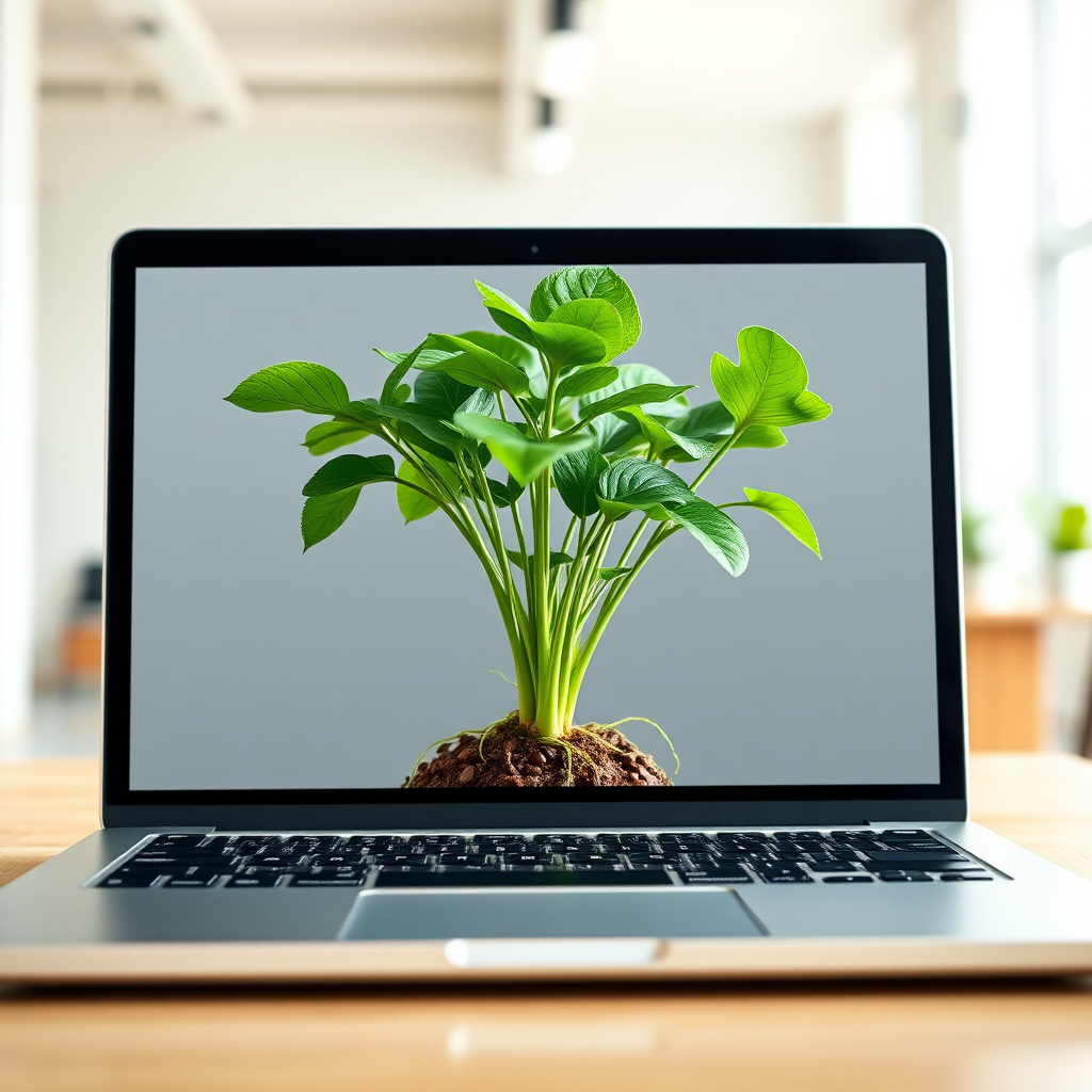A photorealistic image depicting a lush, green plant growing out of a laptop screen. The plant represents organic growth and the laptop symbolizes digital presence. The background is a bright and airy office space. The lighting is natural and inviting. The color palette is dominated by greens and browns, symbolizing nature and sustainability. The overall style is clean and professional, reflecting the long-term benefits of organic SEO.