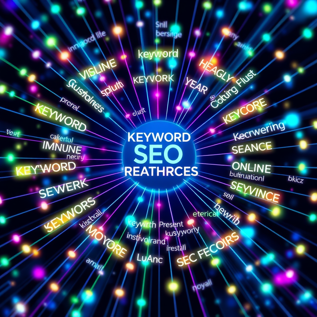 A photorealistic image depicting a network of interconnected keywords radiating outwards from a central hub (representing a business or website). Each keyword is visually distinct and connected by glowing lines, highlighting the relationship between search terms and online visibility. The color palette includes vibrant blues, greens, and purples, symbolizing the breadth and depth of keyword research. The lighting is dynamic and energetic, emphasizing the power of strategic keyword optimization. The overall style is modern and tech-savvy, reflecting the expertise of a professional SEO agency.