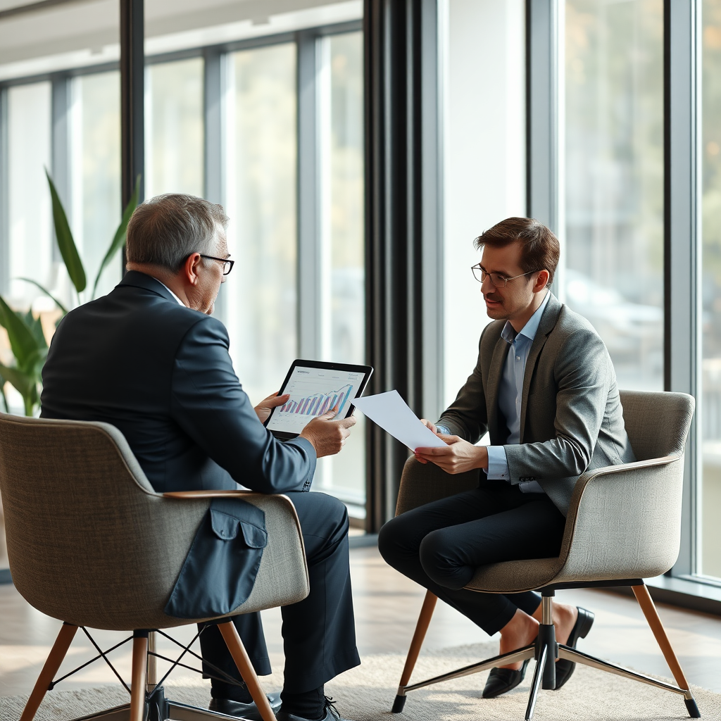 A photorealistic image depicting a financial advisor sitting across from a client, discussing financial plans using a tablet displaying growth charts. Modern office setting with natural lighting. 4K resolution.