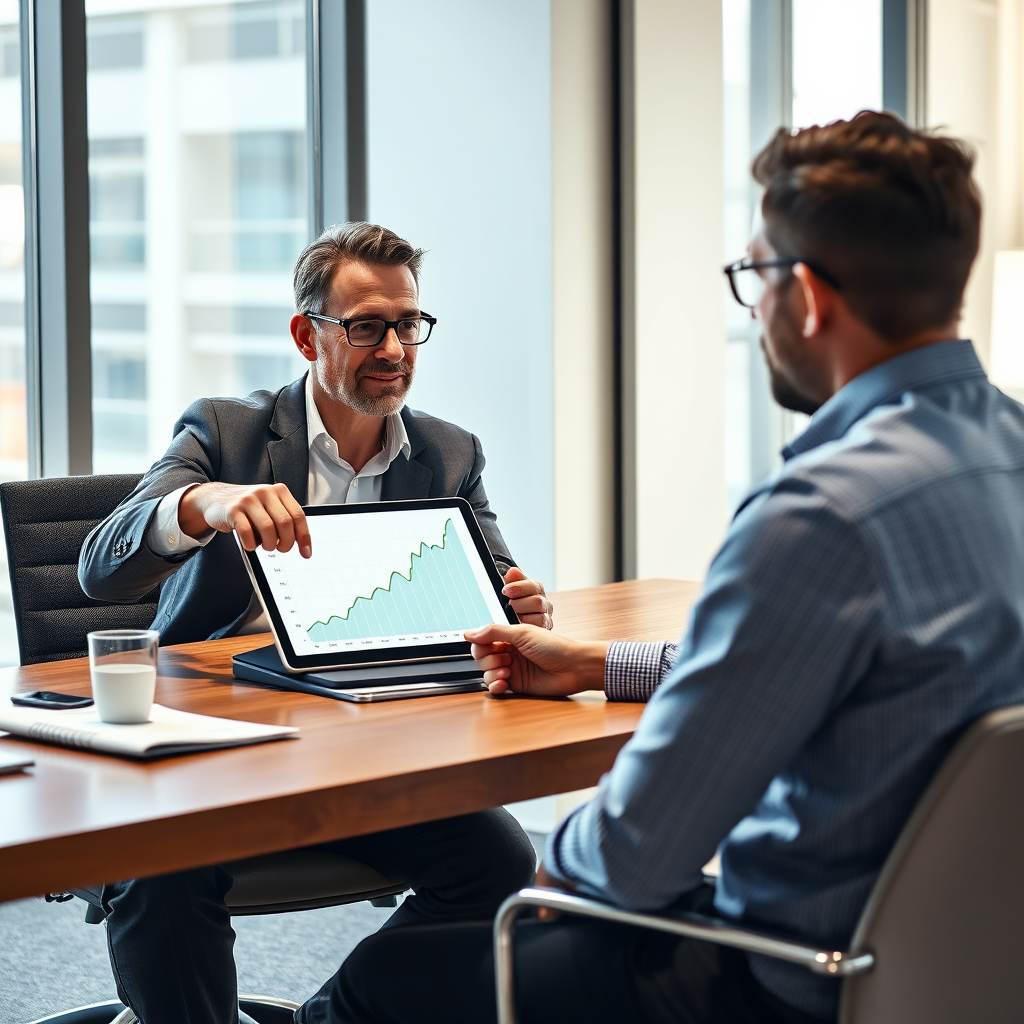 A photorealistic image of a financial planner sitting at a desk pointing to a growth graph on a tablet, explaining it to a client sitting across from them. Modern office setting, natural lighting. 4K resolution.