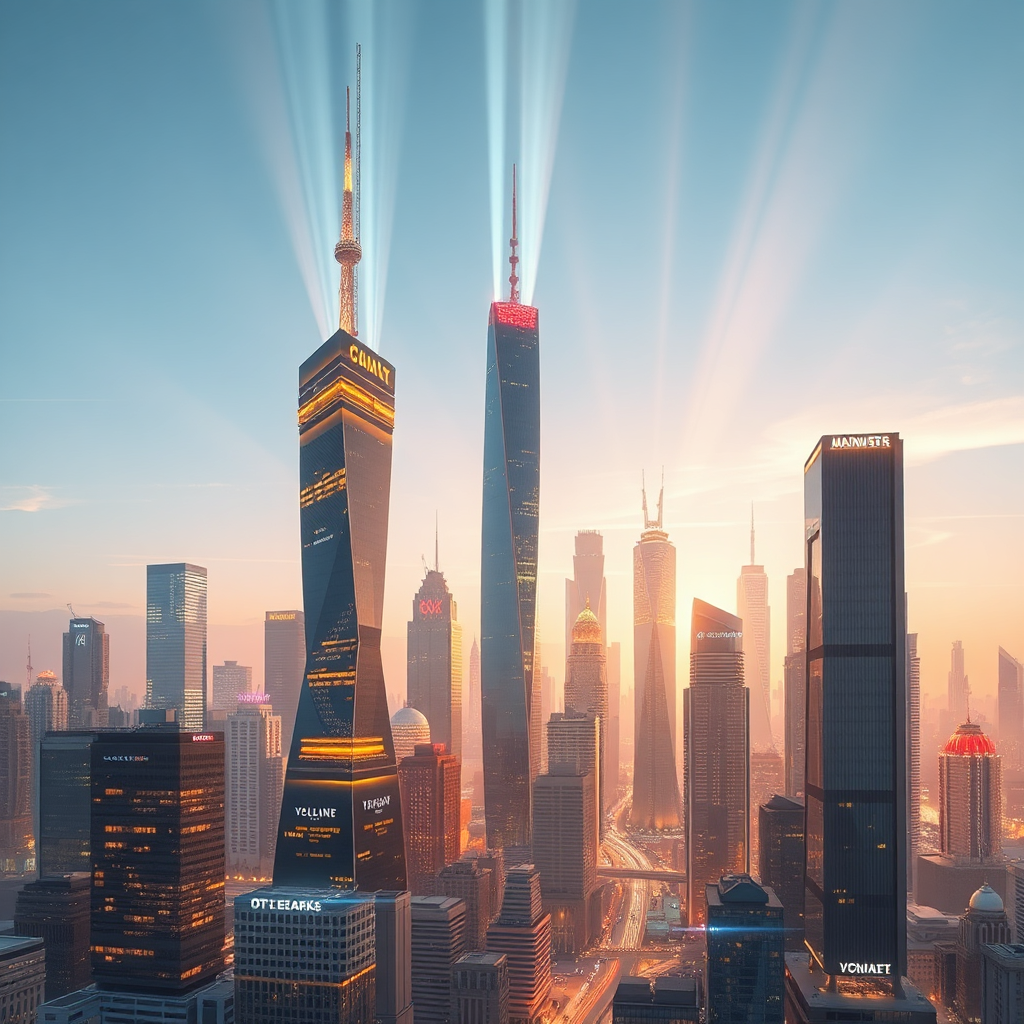 A photorealistic image of a futuristic cityscape with skyscrapers representing different industries. Light streams highlight advancements in technology. The style is modern, clean and sleek. The image is rendered in 4K resolution.