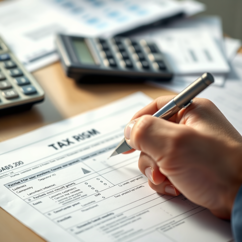A photorealistic image showing a close-up of a hand carefully filling out a tax form with a pen. Financial documents and a calculator are subtly in the background. Lighting is soft and focused. Style should evoke trust and precision. 4K resolution.