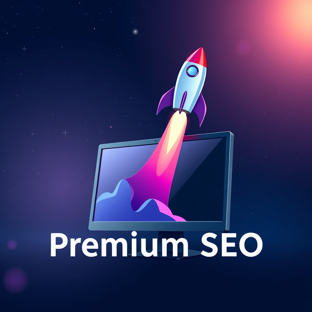 A stylized image showing a rocket launching from a computer screen into space. The rocket symbolizes rapid growth and the computer screen represents digital innovation. The background is a starry night sky. The lighting is dramatic and dynamic, emphasizing the power of premium SEO. The color palette includes deep blues, purples, and silvers, symbolizing sophistication and exclusivity. The overall style is futuristic and high-tech.