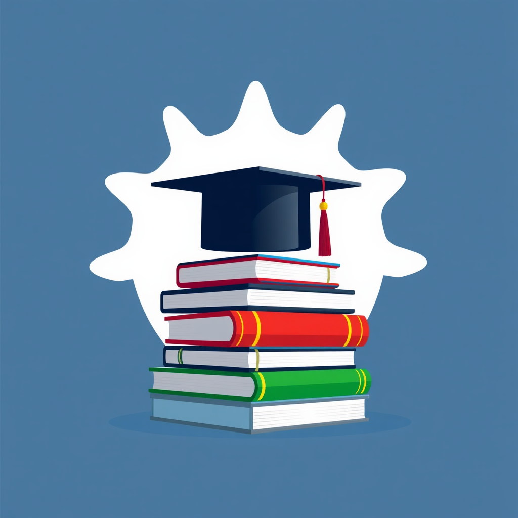 A stylized image showing a stack of books with a graduation cap on top, symbolizing continuous learning. Modern design with a focus on education and professional growth. High-resolution rendering.