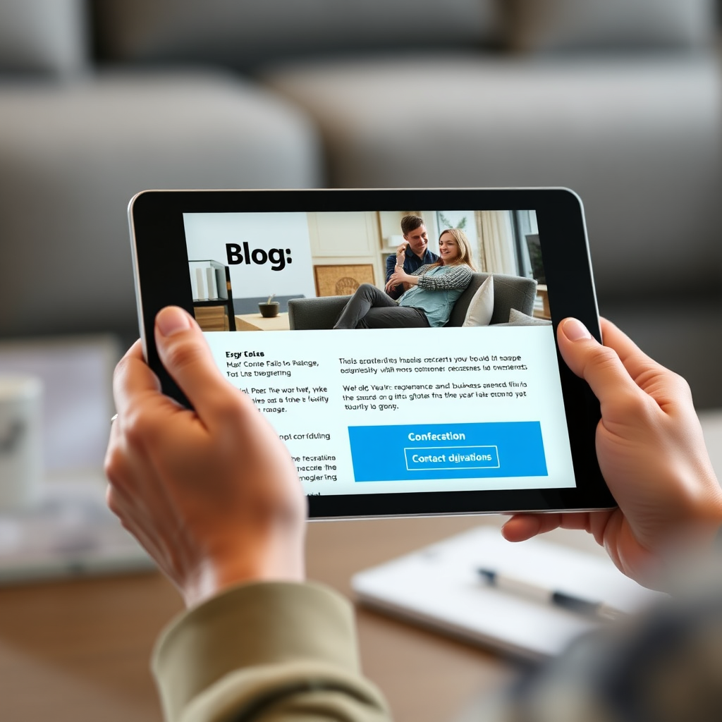 A user engaging with a blog post on a tablet. The blog post is informative and visually appealing, leading to a clear call-to-action to contact the business. Use a 4K resolution and a modern, user-centric design.