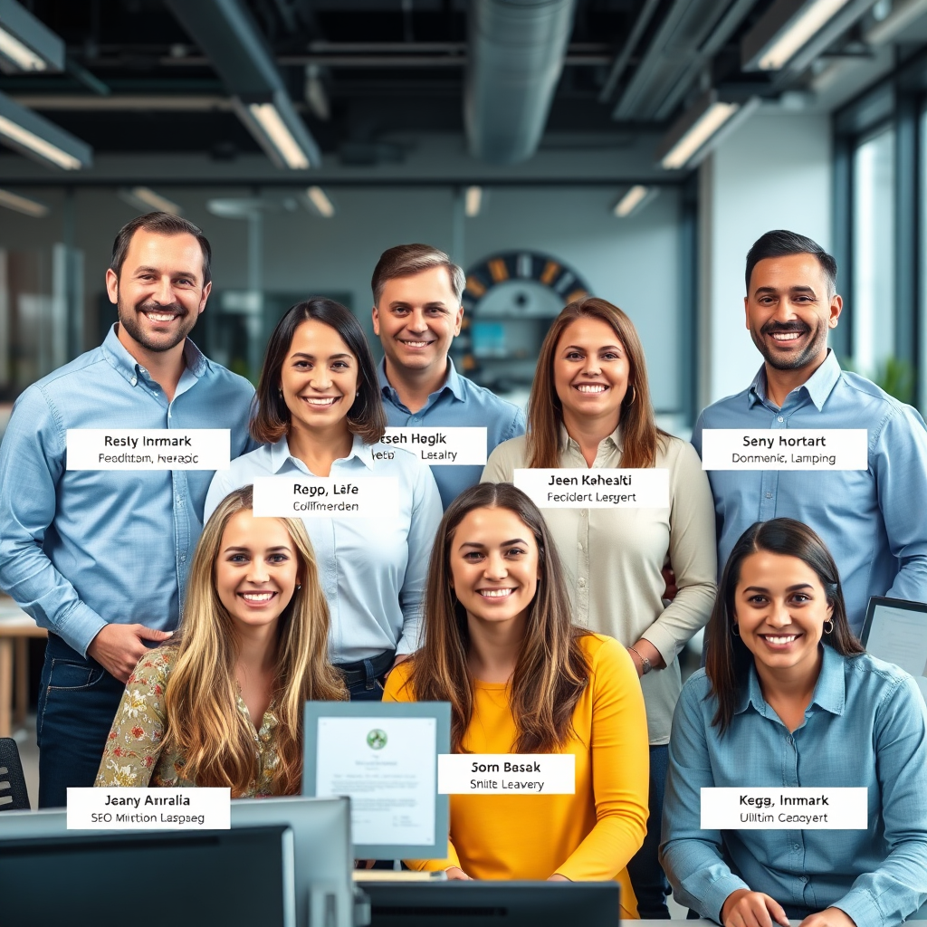 A warm, professional team photo of the Supersonic Traffic team. Each member is smiling and approachable, with individual name and title overlays. The background features a modern office space, reflecting a collaborative environment. Color palette: Blues and greens. Subtle details include SEO tools and certifications displayed on desks.
