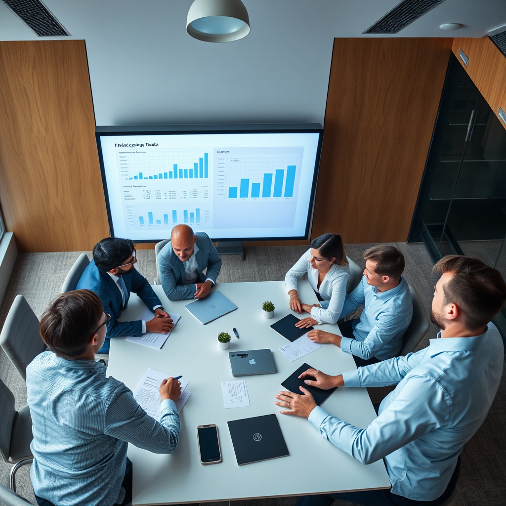 An aerial view of a group of professionals collaborating in a modern boardroom, reviewing financial reports on a large screen. The atmosphere is bright and collaborative. 4K resolution.