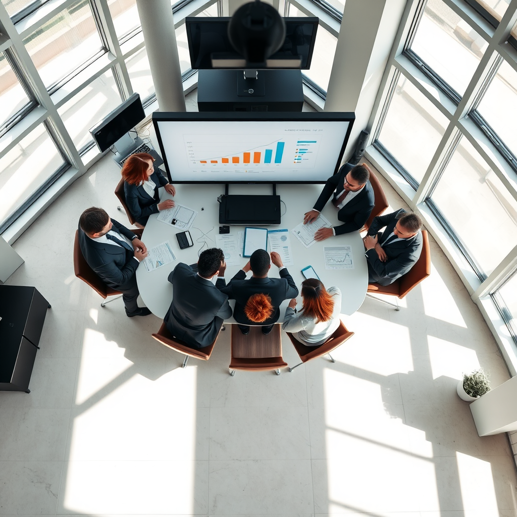 An aerial view of a group of professionals collaborating in a modern boardroom. The room is bright and filled with natural light. Charts and graphs are visible on a large screen. The composition should convey collaboration and strategic thinking. 4K resolution.