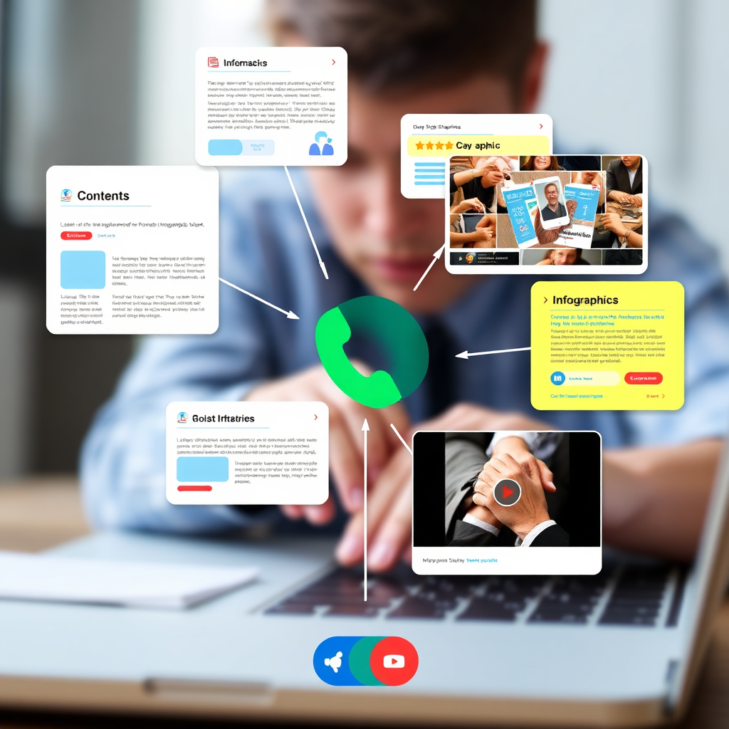 An image featuring various content formats (blog posts, infographics, videos) converging into a single point representing a phone call. The content elements are visually distinct and engaging, with vibrant colors and dynamic layouts. The background shows a blurred image of a user interacting with a website on a laptop. The color palette is bright and engaging, with a focus on creativity and information. Subtle details like social sharing icons and comment sections add to the sense of interactivity.