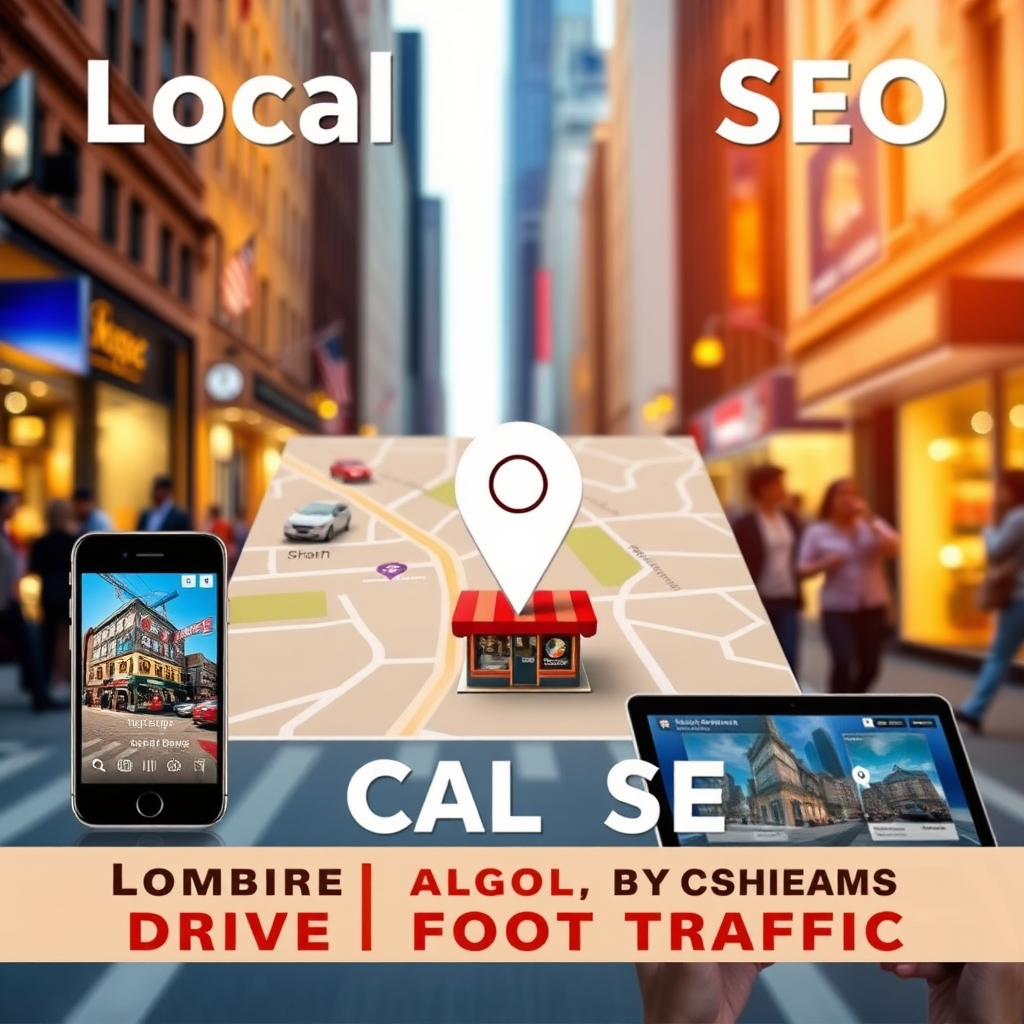 An image showing a digital map with a pin highlighting a local business. The map is surrounded by various devices (smartphone, tablet, laptop), symbolizing the reach of local SEO across different platforms. The background is a bustling city street. The lighting is warm and inviting, emphasizing the community aspect of local business. The color palette includes gold and amber tones, symbolizing trust and reliability. The overall style is dynamic and engaging, reflecting the power of local SEO to drive foot traffic.