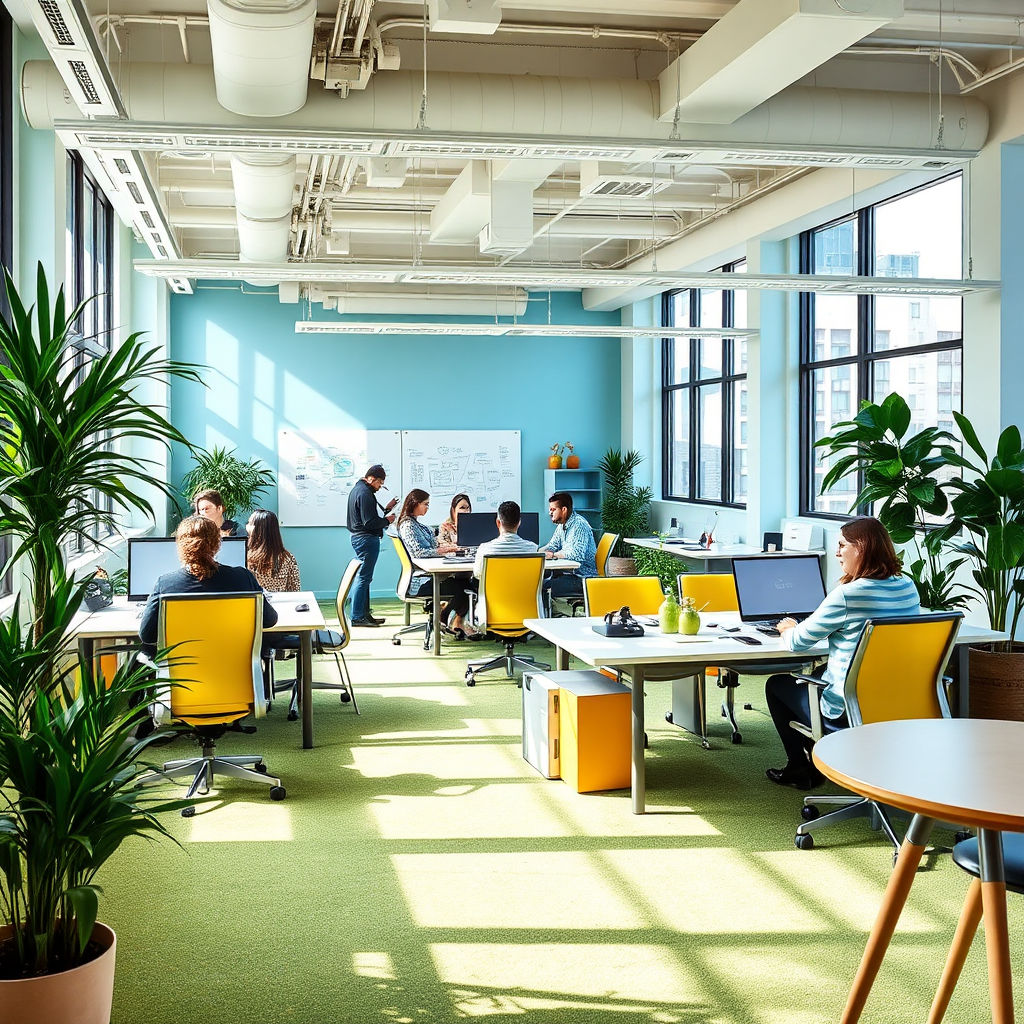 An open-plan office showcasing the collaborative atmosphere of Supersonic Traffic. Include team brainstorming sessions, focused individual work, and a casual break area. Natural light floods the space. Subtle details: whiteboards filled with SEO strategies, ergonomic chairs, and green plants. Color palette: Vibrant greens and blues with pops of yellow.