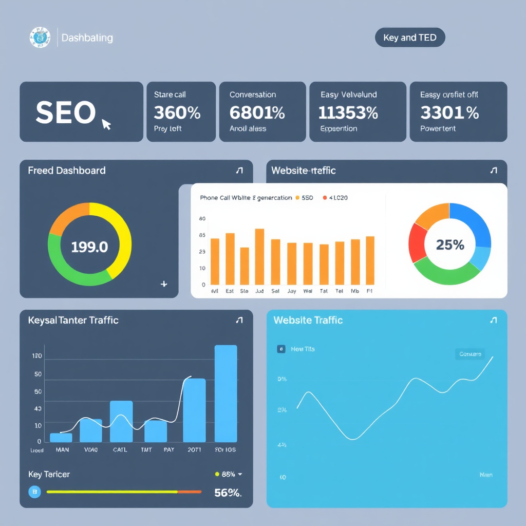 An SEO dashboard displaying key performance indicators (KPIs) related to lead generation, such as phone call volume, conversion rates, and website traffic. The dashboard is visually appealing and easy to understand. Use a 4K resolution and a professional, data-driven style.