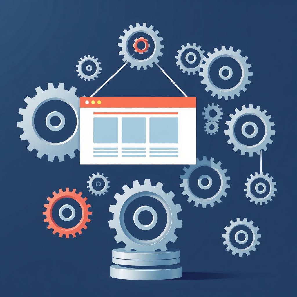 Create a visual representation of a website being lifted by a complex system of gears and pulleys (representing SEO strategies). The gears should be interlocking seamlessly, symbolizing the coordination of on-page and off-page optimization.