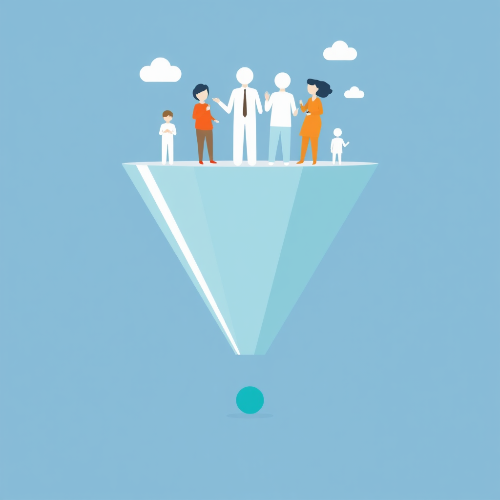 Create a visual representation of a funnel, with website visitors entering at the top and qualified leads emerging at the bottom. The funnel should be clean and efficient, symbolizing a smooth conversion process.