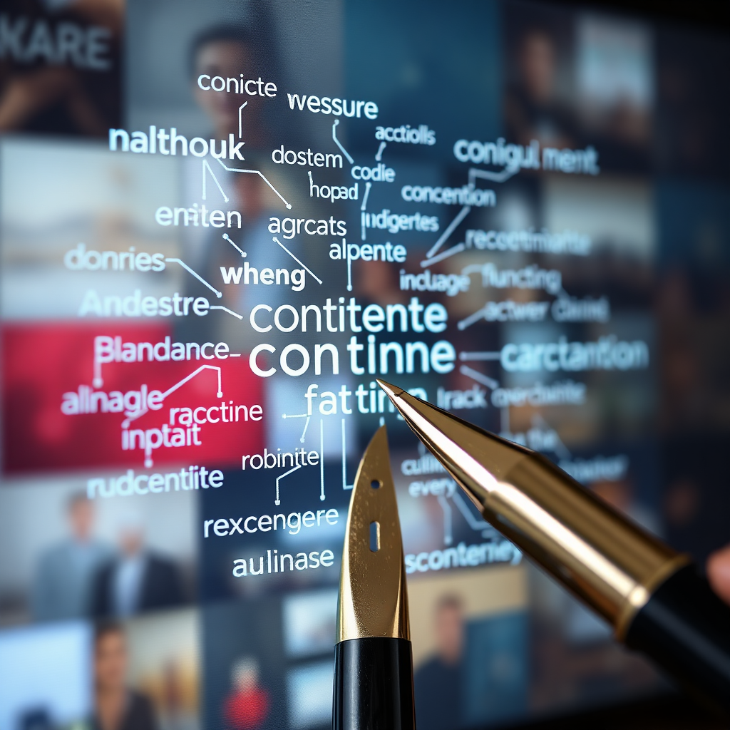 Imagine a fountain pen writing on a digital screen, with words and phrases flowing out and forming a network of interconnected ideas. The background should be a blurred representation of various industries, symbolizing content tailored to different audiences.