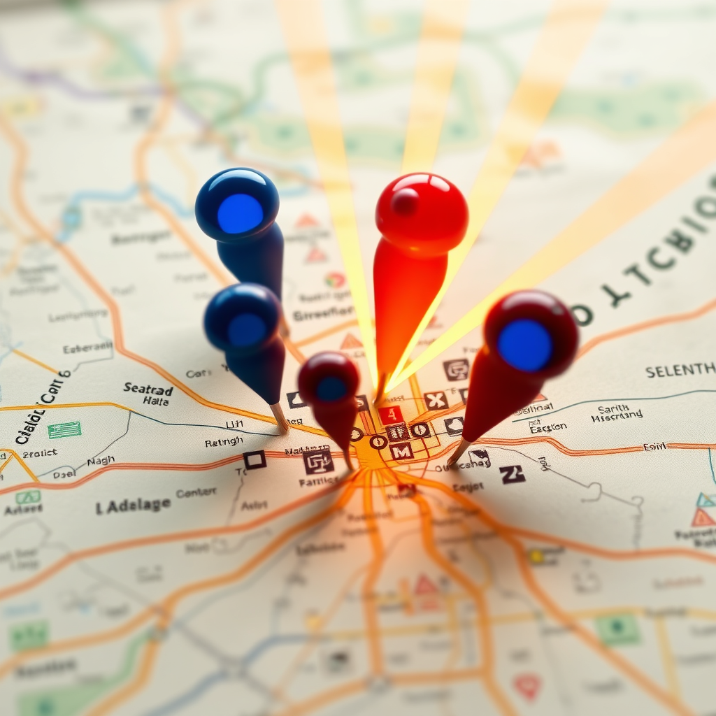 Imagine a map with pins highlighting local businesses, with beams of light radiating from each pin representing increased visibility. The map should be zoomed in on a specific city or region.