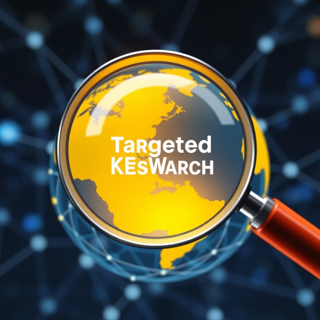 Visualize a magnifying glass hovering over a digital globe, with specific regions highlighted to represent targeted keyword research. The globe should be made of interconnected nodes, symbolizing the internet. The light focuses on the identified regions, making it highly visible.