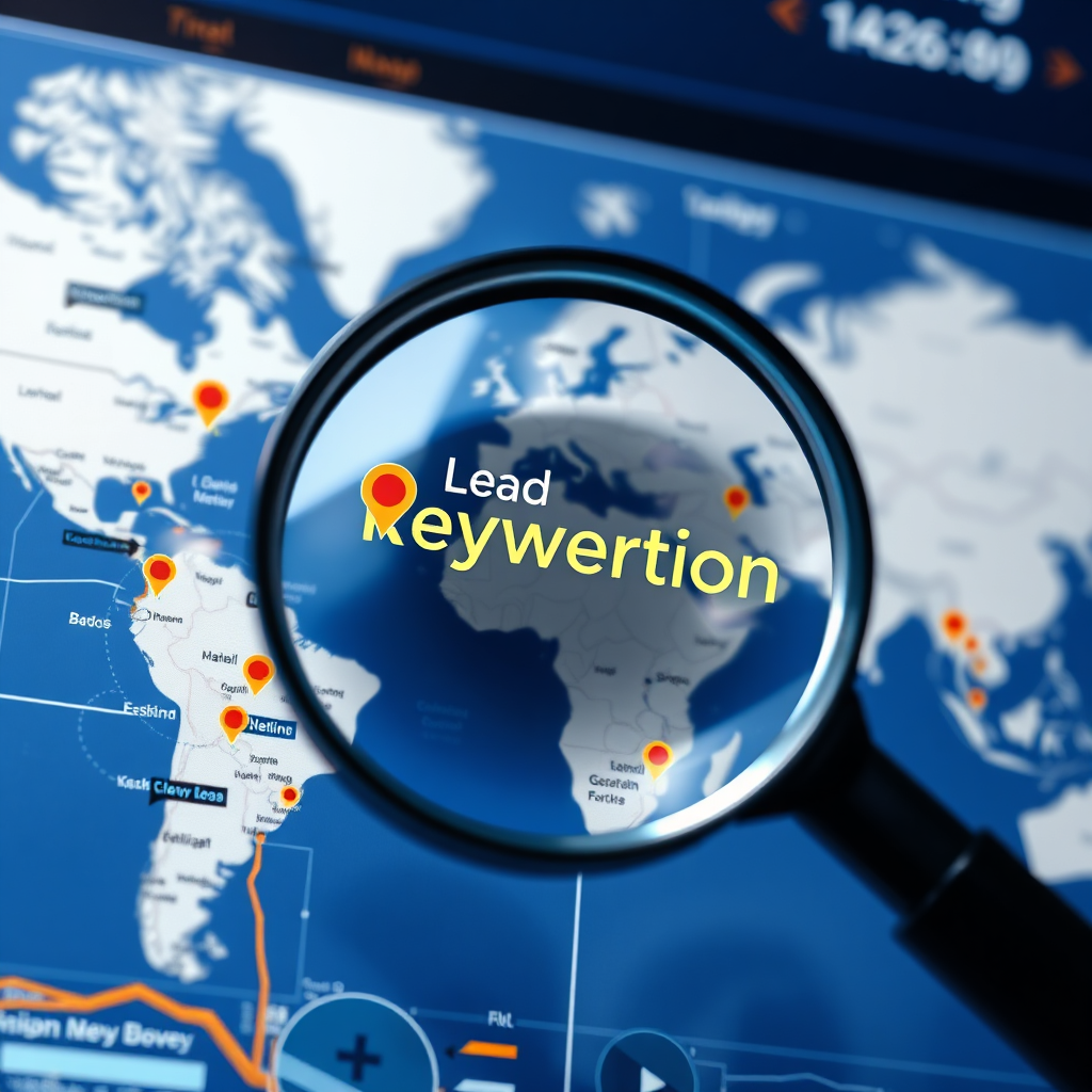Visualize a magnifying glass hovering over a digital map highlighting specific geographic locations and search terms related to lead generation. Focus on the precision and accuracy of keyword targeting. The color scheme should use contrasting colors to emphasize important details. 4K resolution, photorealistic.