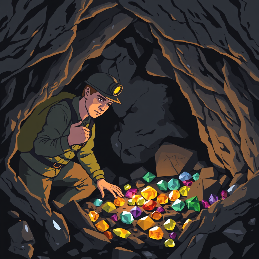 Visualize a miner searching for valuable gems in a cave using a headlamp. The gems represent high-value keywords.