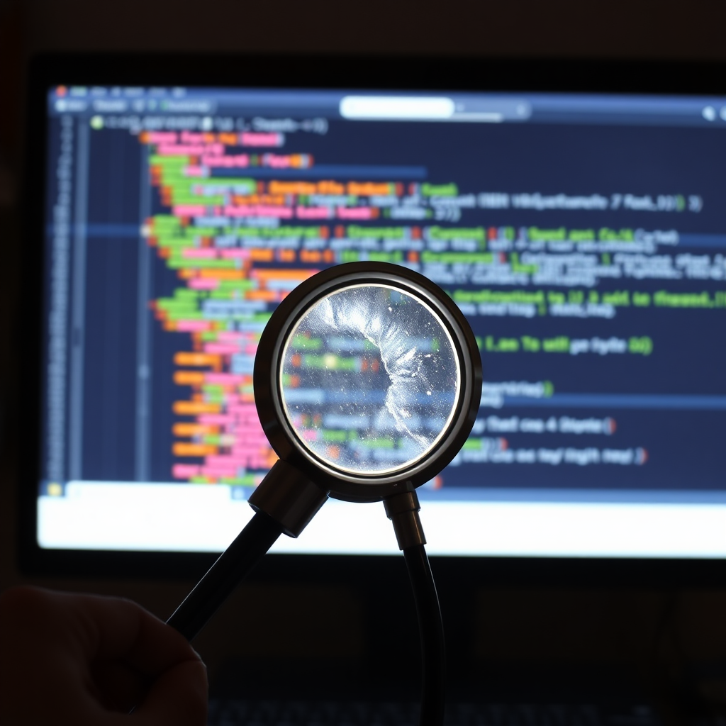 Visualize a stethoscope examining a website's code on a computer screen. The stethoscope's end is glowing, highlighting the areas where the website needs improvement.