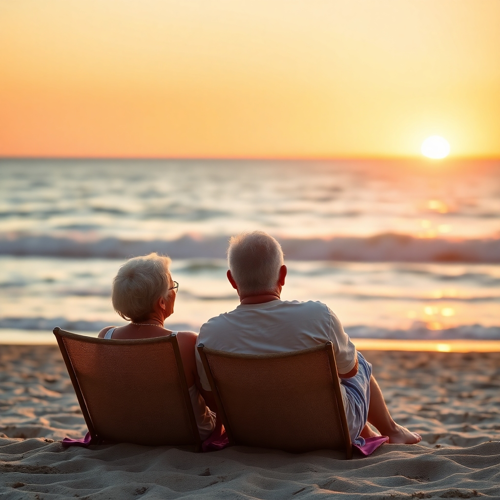 A couple relaxing on a beach at sunset, watching the ocean. The scene represents a peaceful and fulfilling retirement. The style is idyllic and aspirational. Warm colors dominate the palette. Photorealistic rendering.