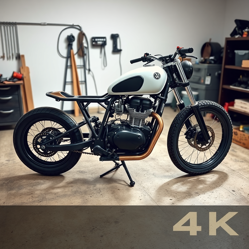 A custom motorcycle build in progress, showcasing the frame, engine, and fuel tank. A clean, minimalist workshop. 4K resolution.