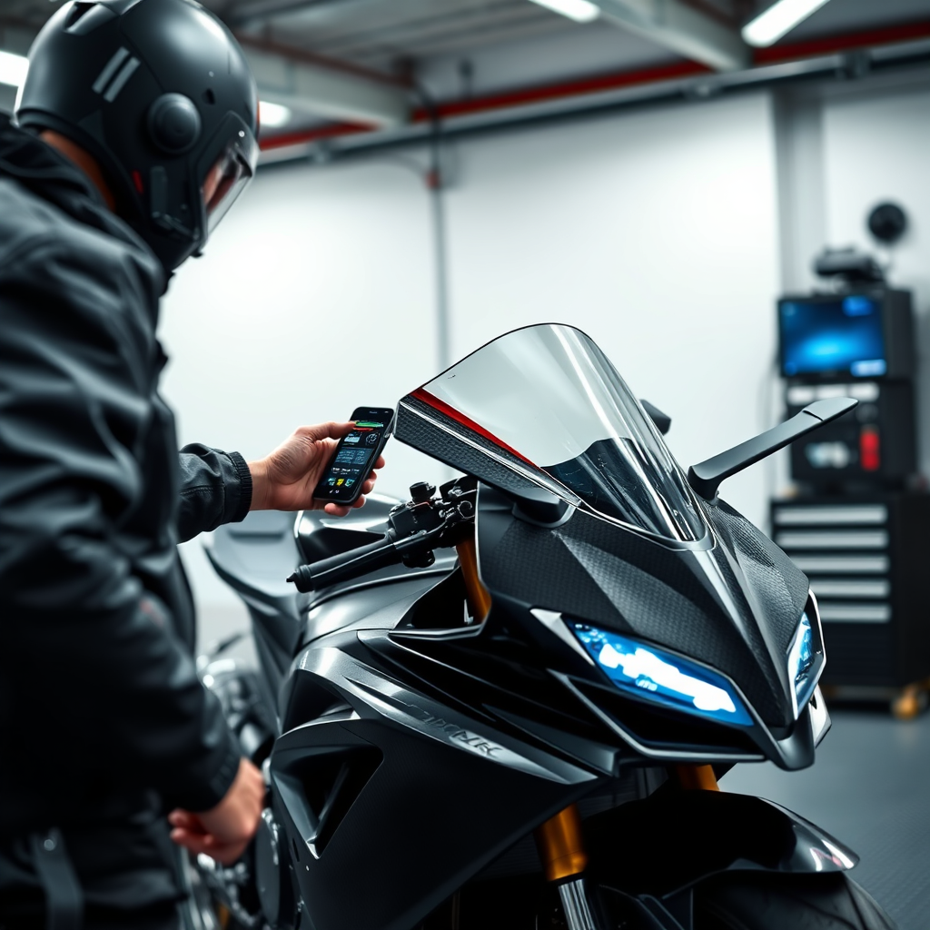 A dynamic, photorealistic image of a modern sport bike undergoing a performance upgrade. Focus on a mechanic using a diagnostic tool to analyze the bike's performance. The motorcycle is sleek and modern, with aerodynamic lines. The background is a clean, well-lit garage, with advanced diagnostic equipment visible. The color palette is cool and modern, emphasizing the technology and performance of the motorcycle. Texture details are important – the smooth carbon fiber, the sharp angles of the bodywork, the bright screen of the diagnostic tool. Camera angle is slightly high, emphasizing the power and speed of the motorcycle. 4K resolution, high quality.