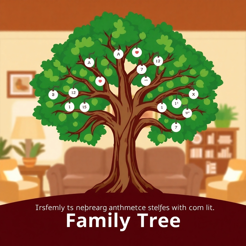 A family tree diagram, symbolizing the importance of legacy and inheritance. The tree is strong and healthy, with deep roots. The background is a warm, inviting home environment. The style is respectful and secure. Stylized rendering.