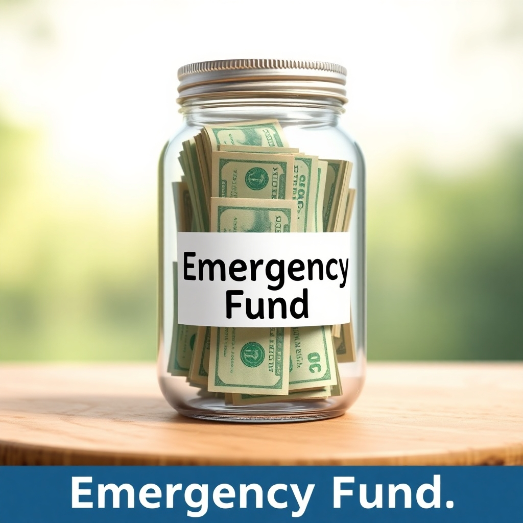 A glass jar filled with money, labeled 'Emergency Fund'. The jar is sitting on a stable surface, symbolizing security. The background is a peaceful, serene environment. The style is simple and reassuring. Photorealistic rendering.