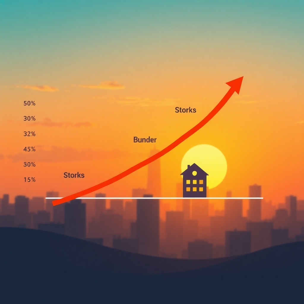 A graph showing different investment classes (stocks, bonds, real estate) with arrows indicating growth and diversification. The background is a cityscape at sunset, symbolizing long-term growth. The style is clean and modern, with a focus on data visualization. Warm colors dominate the palette. Stylized rendering.