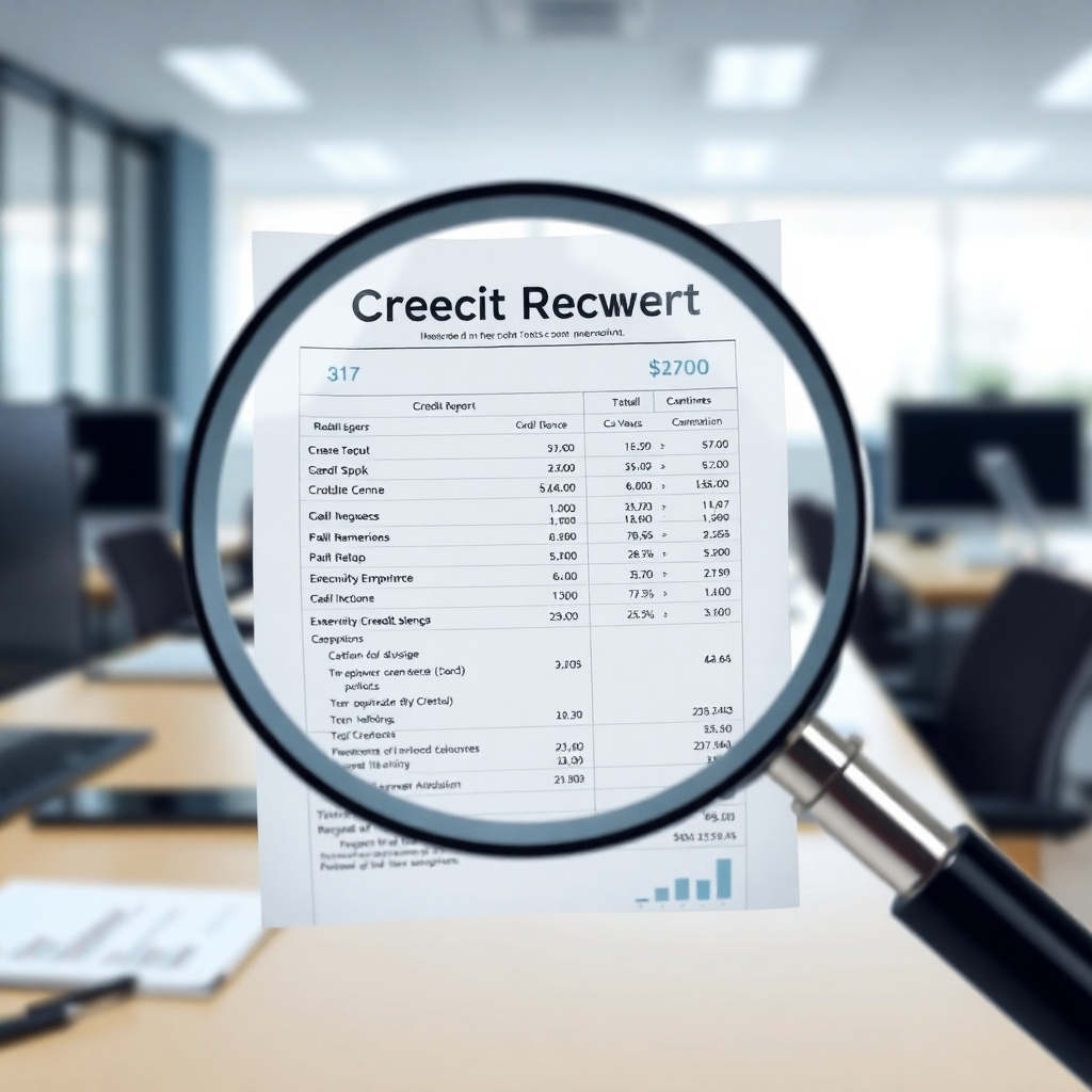A magnifying glass hovering over a detailed credit report, highlighting key areas. The background is a professional office environment. The style is analytical and precise. The color palette is clean and modern. Photorealistic rendering.