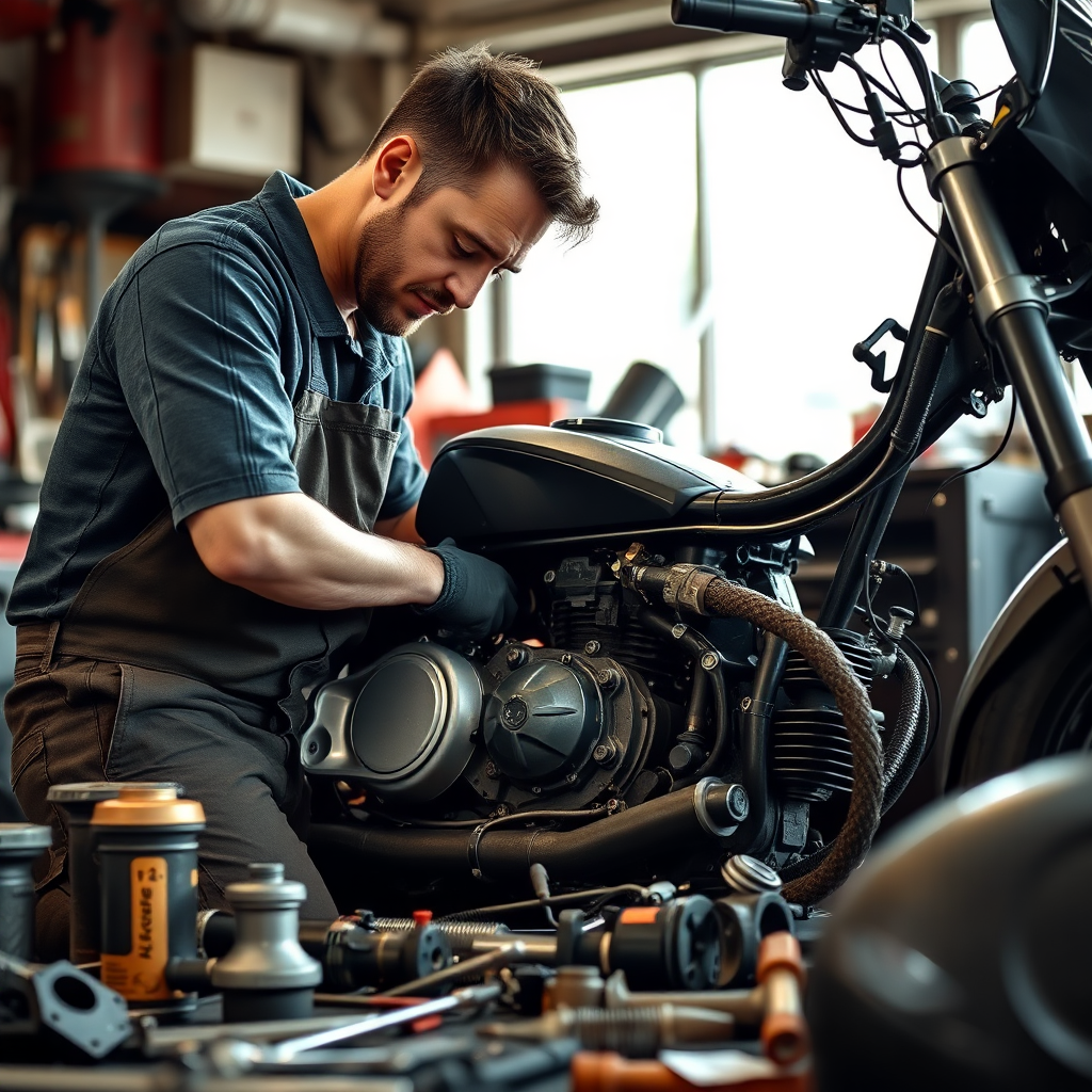 A mechanic working on a motorcycle engine, with various tools and parts surrounding them. Soft, natural lighting. 4K resolution.