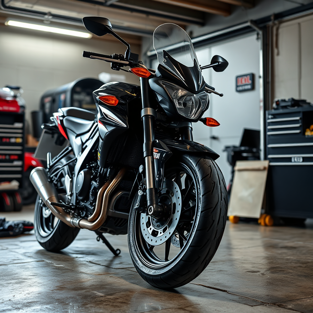 A motorcycle receiving routine maintenance, such as an oil change or tire check. A well-lit garage. 4K resolution.