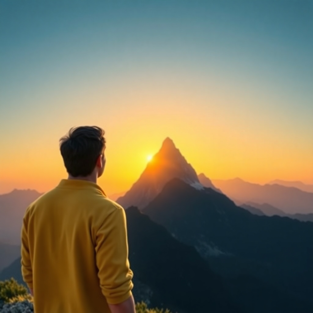 A person looking at a clear path leading to a mountain peak representing financial success. The background is a sunrise, symbolizing new beginnings and opportunities. The style is motivational and aspirational. The color palette is optimistic and vibrant. Photorealistic rendering.