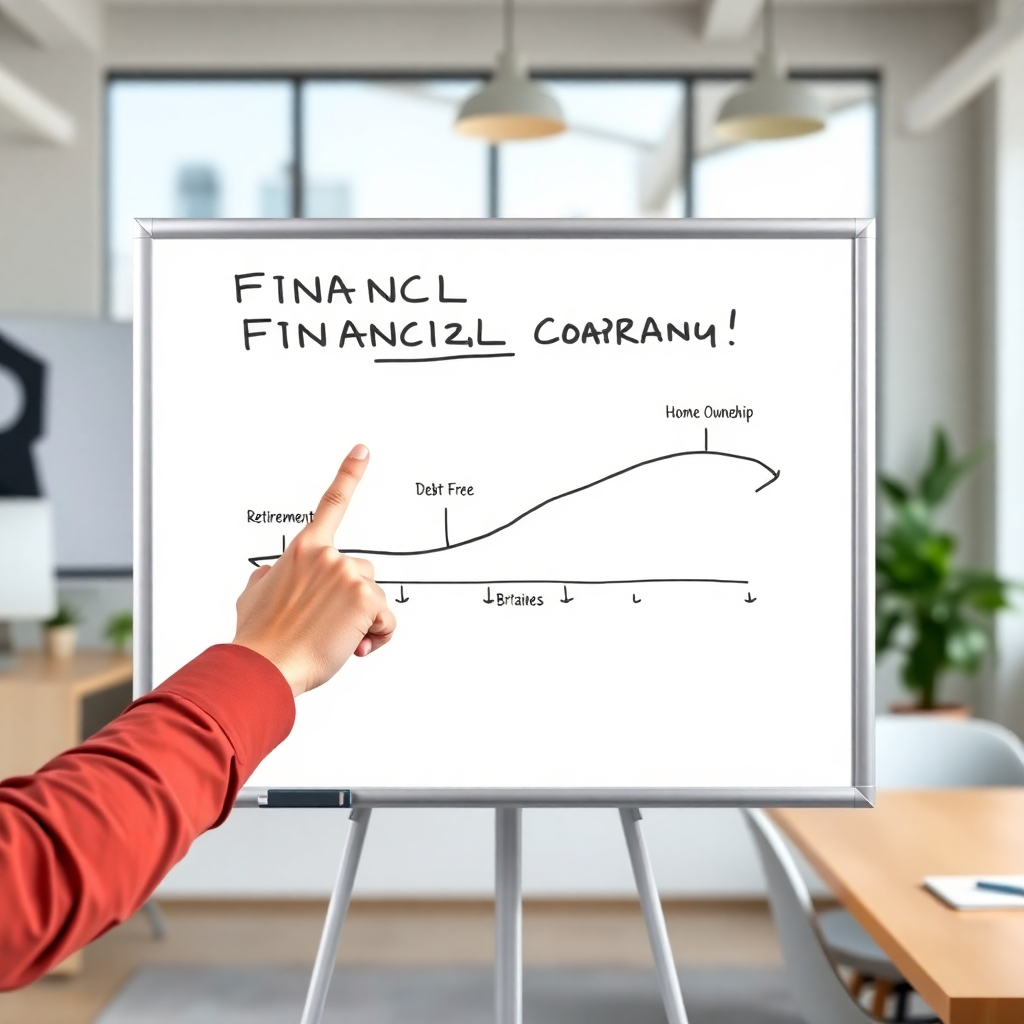 A person pointing at a whiteboard with a roadmap illustrating financial goal achievement. The roadmap includes milestones like 'Debt Free', 'Home Ownership', and 'Retirement'. The setting is a bright, collaborative workspace. The style is motivational and strategic. Photorealistic rendering.