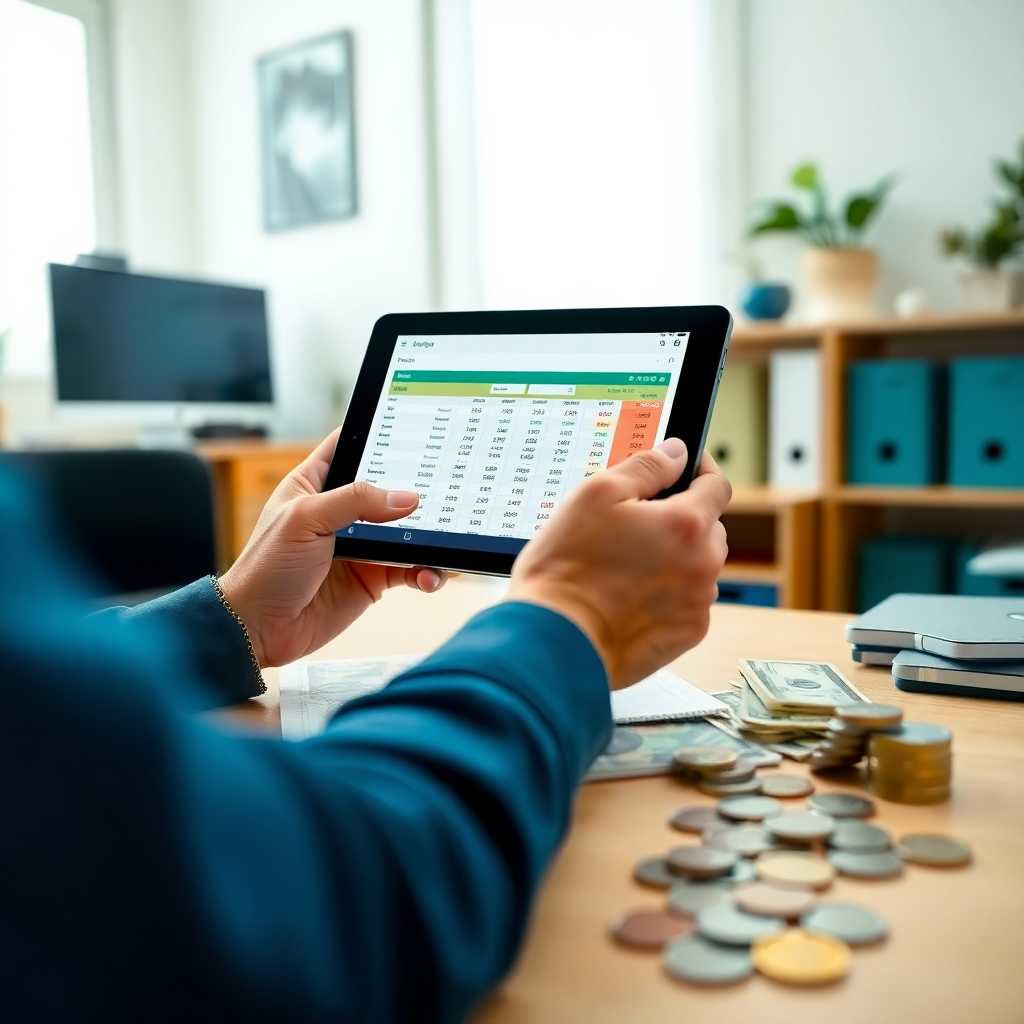 A person reviewing a budget spreadsheet on a tablet, with physical bills and coins arranged around it. The setting is a well-lit, organized home office. The color scheme is calm and professional, with blues and greens dominating. The angle is slightly overhead, focusing on the tablet screen and the person's hands. Photorealistic rendering.