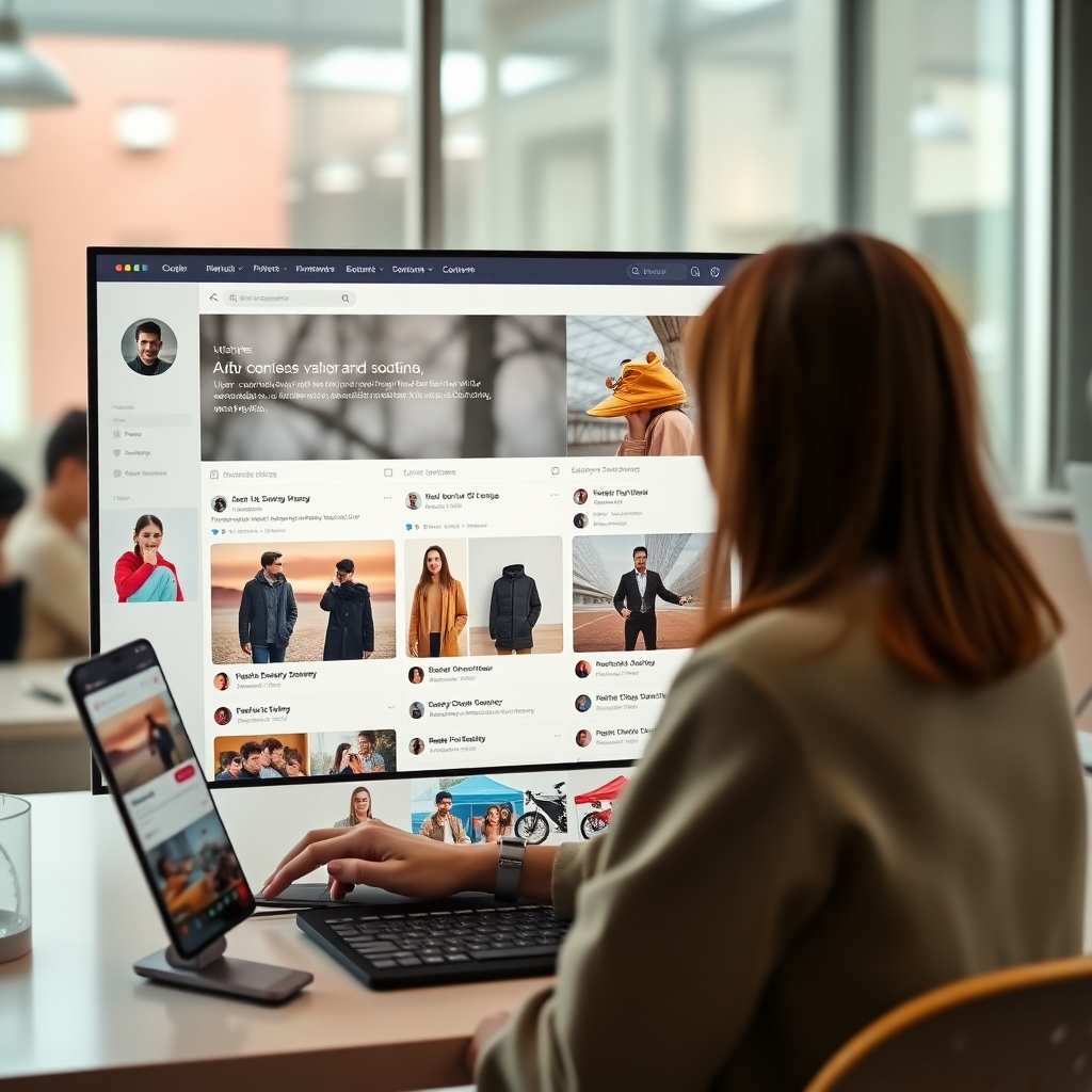 A photorealistic image depicting a website showcasing user-submitted photos and reviews, interwoven seamlessly with professionally created content. The website should look modern and interactive, featuring a live social media feed displaying positive user comments and testimonials alongside product images. Focus on authentic user interactions.