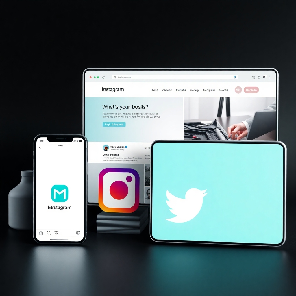  A photorealistic image depicting a sleek website and various social media platforms (Instagram, Facebook, Twitter) displaying the same branding elements: a modern logo, consistent color scheme (e.g., teal and white), and a clean, sans-serif font. The overall aesthetic should be professional and unified, showcasing a cohesive brand identity. High resolution, detailed textures, sharp focus.