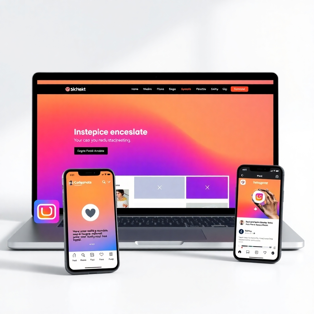 A photorealistic image depicting a sleek, modern website design seamlessly integrated with various social media platforms showcasing a consistent brand identity: logo, color palette, and typography.  The image should show a laptop displaying the website alongside phone screens showing the same brand's Instagram, Facebook and X (formerly Twitter) feeds.  The overall aesthetic should be clean, professional, and visually appealing, highlighting the seamless transition between online and social media presence.  High resolution, vibrant colors, sharp details.