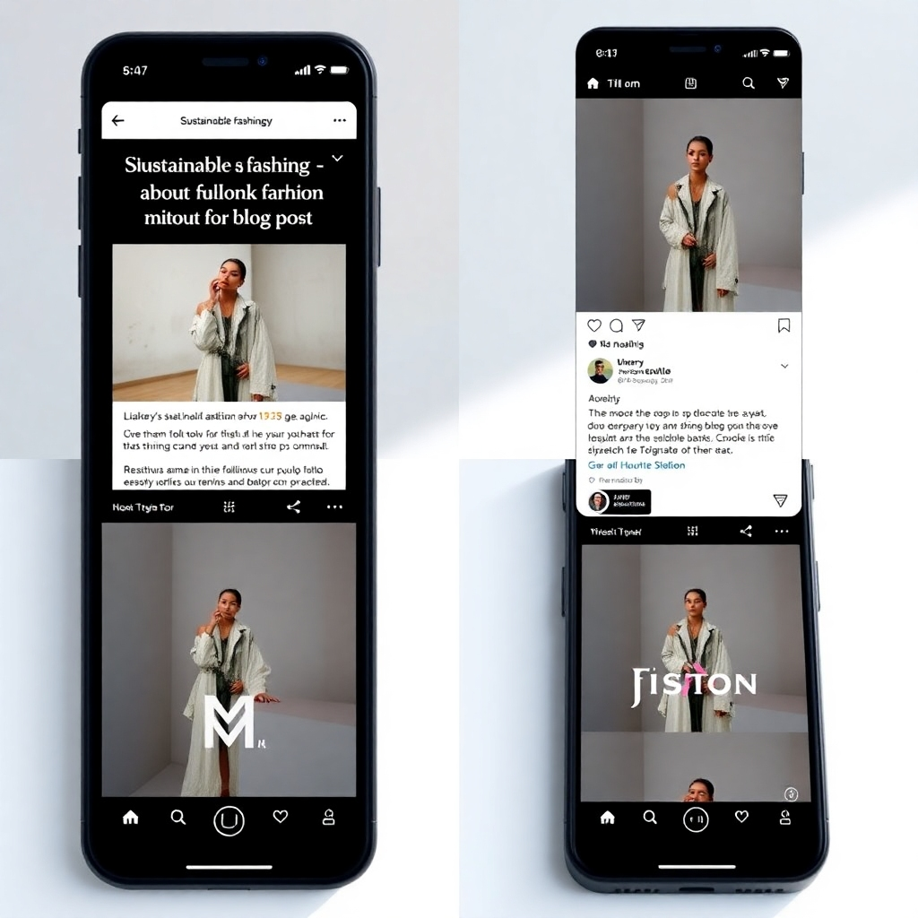  A photorealistic image depicting a website blog post about sustainable fashion transformed into various social media formats: an Instagram carousel post, a visually-appealing Twitter thread, and a short, engaging video for TikTok or YouTube Shorts. Each format must maintain the core message and visual style of the original blog post, demonstrating effective content repurposing for diverse platforms. High resolution, visually captivating, emphasizes visual appeal.
