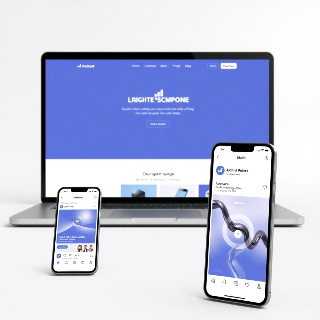 A photorealistic image depicting a sleek website design seamlessly integrated with various social media posts, all sharing a consistent color palette, logo, and typography. Show a laptop displaying the website alongside a phone showcasing matching Instagram and Facebook posts, emphasizing a unified brand aesthetic. The background should be a clean, minimalist style.