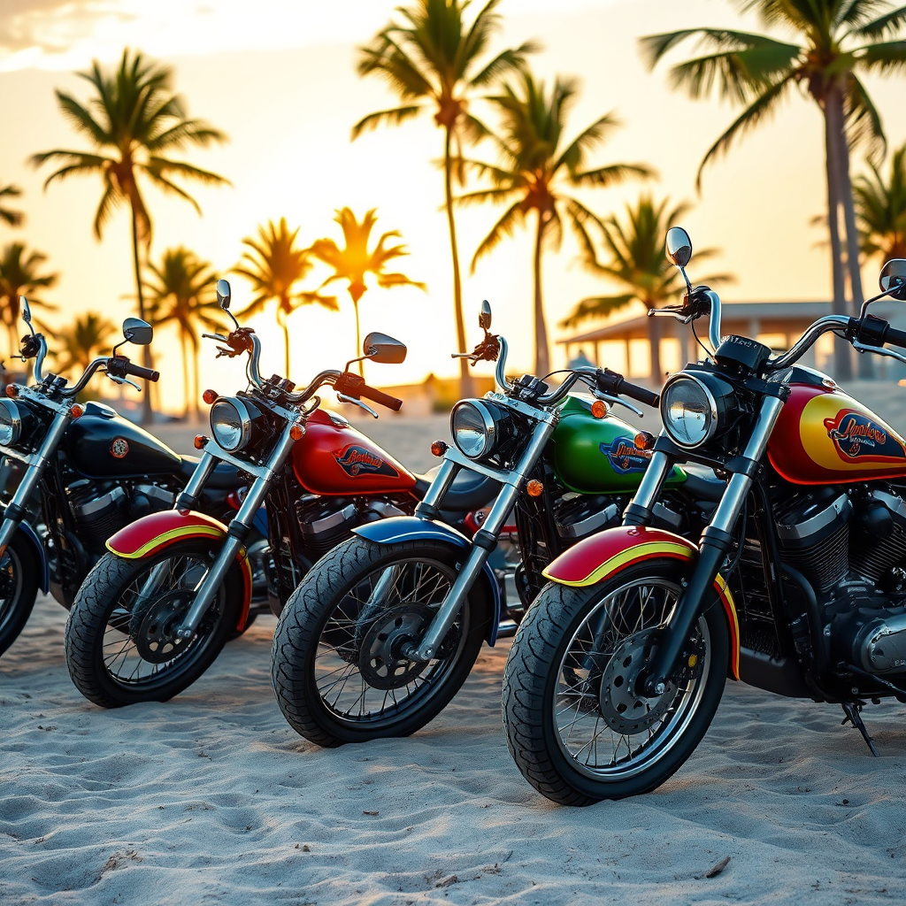 A photorealistic image featuring a diverse array of custom motorcycles, each with unique paint jobs and modifications. The motorcycles are parked in a row, bathed in the warm light of a setting sun. The background is a sandy beach, with palm trees swaying in the breeze. The color palette is vibrant and diverse, reflecting the individuality of each motorcycle. Texture details are important – the smooth paint, the chrome accents, the leather seats. Camera angle is wide, capturing the full range of motorcycles. The overall feel is relaxed and adventurous. 4K resolution, high quality.