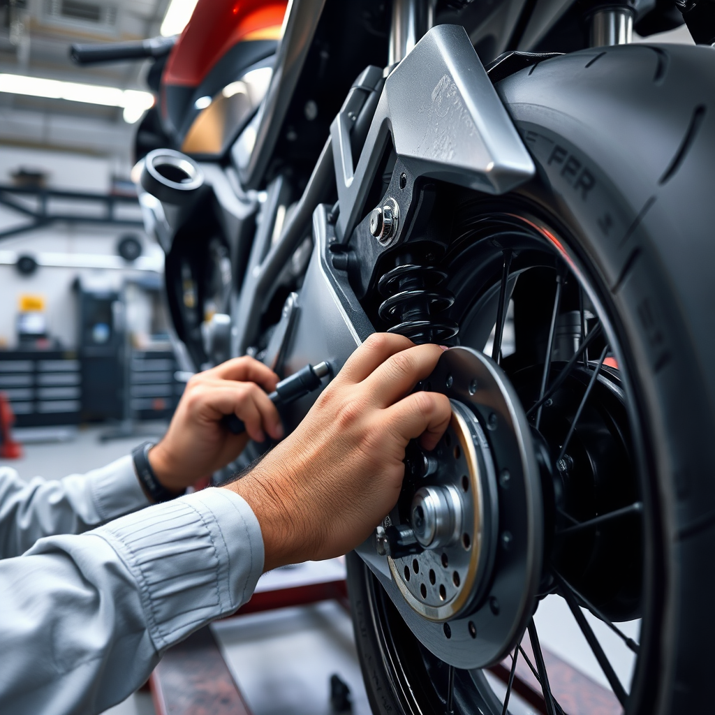 A photorealistic image of a motorcycle undergoing suspension tuning. Focus on a mechanic adjusting the suspension components, using specialized tools. The motorcycle is on a lift, allowing easy access to the suspension. The background is a clean, well-lit garage, with suspension testing equipment visible. The color palette is technical and precise, emphasizing the engineering behind the process. Texture details are important – the smooth metal of the suspension, the rubber of the tires, the precise tools used for adjustment. Camera angle is close, focusing on the mechanic's hands and the suspension components. The overall feel is professional and expert. 4K resolution, high quality.